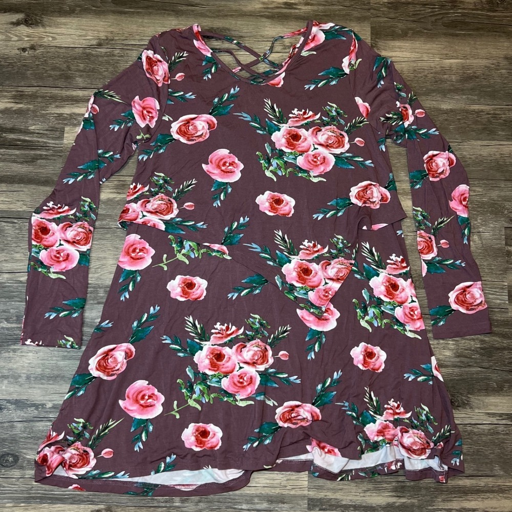 Latched Mama Floral Nursing Tunic Mauve Pink Rose Print Long Sleeve Size Large